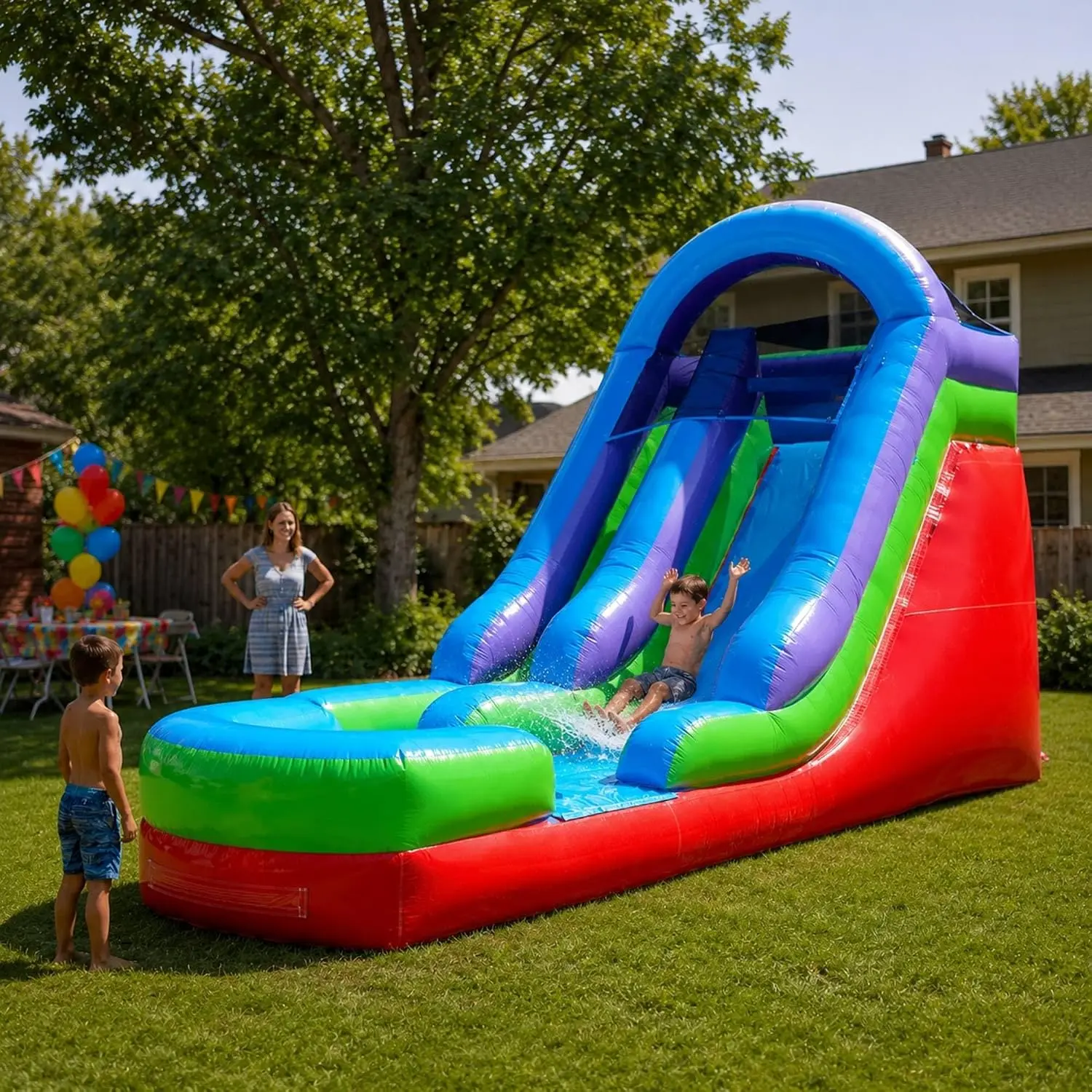 15FT Commercial Inflatable Water Slide & Blower, Retro | Heavy-Duty 15oz Vinyl, Commercial Waterslide Bouncer w/ Stakes & Storage Bag, for Kids & Adults Party, Event, Birthday