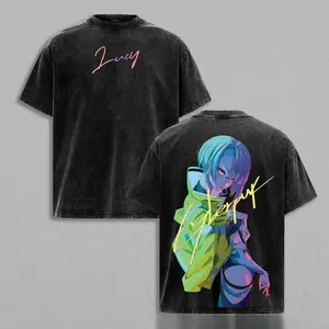 Lucy Cyberpunk Edgerunners Graphic Tee Vintage Washed Anime T Shirt Retro Distressed Short Sleeve Casual Streetwear Japanese Manga Shirt Summer Fashion Top Relaxed Fit Crew Neck Tee for Men Women Anime Fans Gift