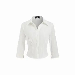 Cider Cotton Textured Shirred Waist Short Sleeve Blouse