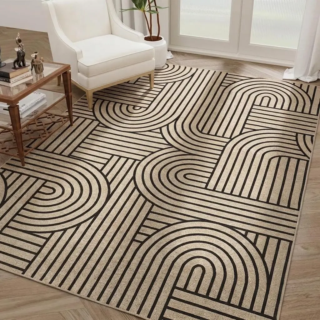 4x6 Patio Rugs Outdoor Waterproof, Easy Jute Rug for Living Room, Non Slip Stain Resistant Abstract Striped Rug, Non Shedding Modern Geometric Mats for Dining Room, Patio, Porch, Nature