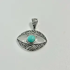 Sterling Silver 925 Turquoise Eye Oxidized Pendant Charm