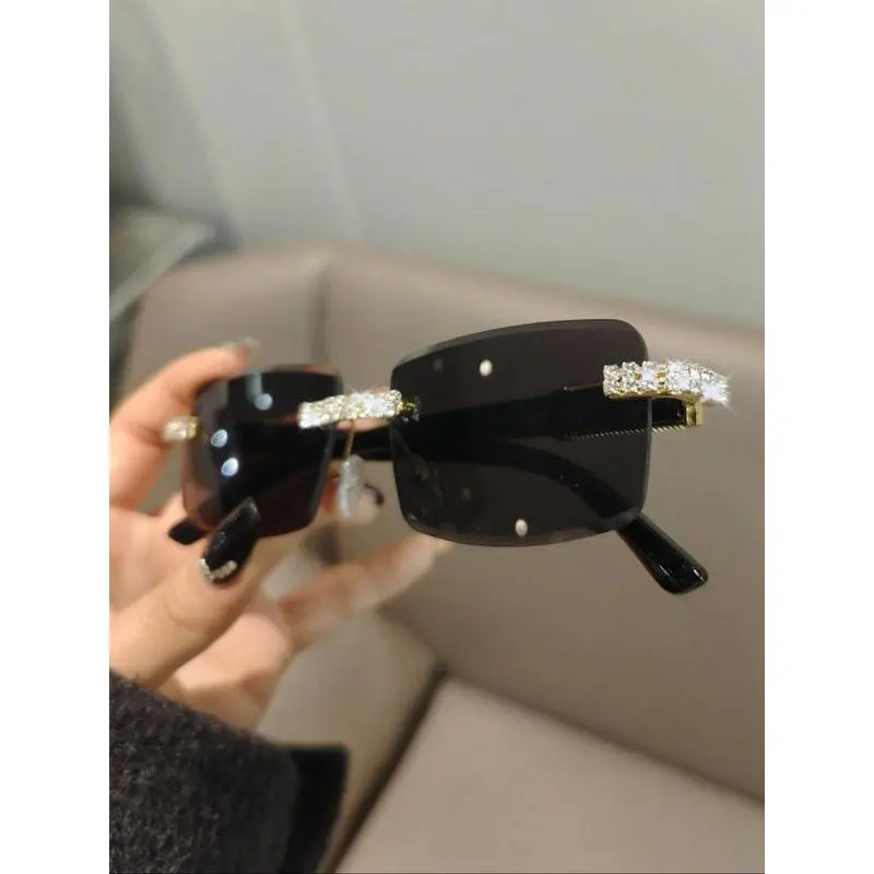 Women's Rhinestone Decorated Rimless Sunglasses - Fashionable, Modern Trendy, Trendy Styling Rectangle Frame, High-Quality Fashion Accessory for Daily & Outdoor Use, Fashionable Sunglasses, Modern Trendy Sunglasses