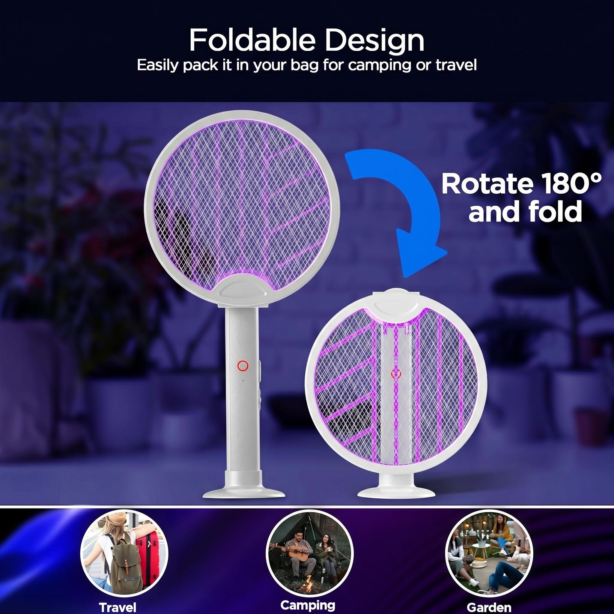Foldable Electric Fly Swatter Racket 2-in-1 Bug Zapper, 3000V Mosquito Killer with Purple Attractant Light, 1200mAh USB Rechargeable with Support Base, Portable Handheld Mosquito & Insect Killer for Home, Office, Backyard, Patio, Camping