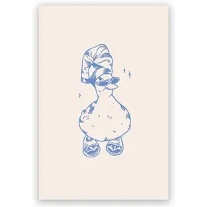 Funny bathroom wall art stylish blue cool duck wearing slippers poster retro cute duck after bath trendy simple animal canvas print decoration for college dorm room