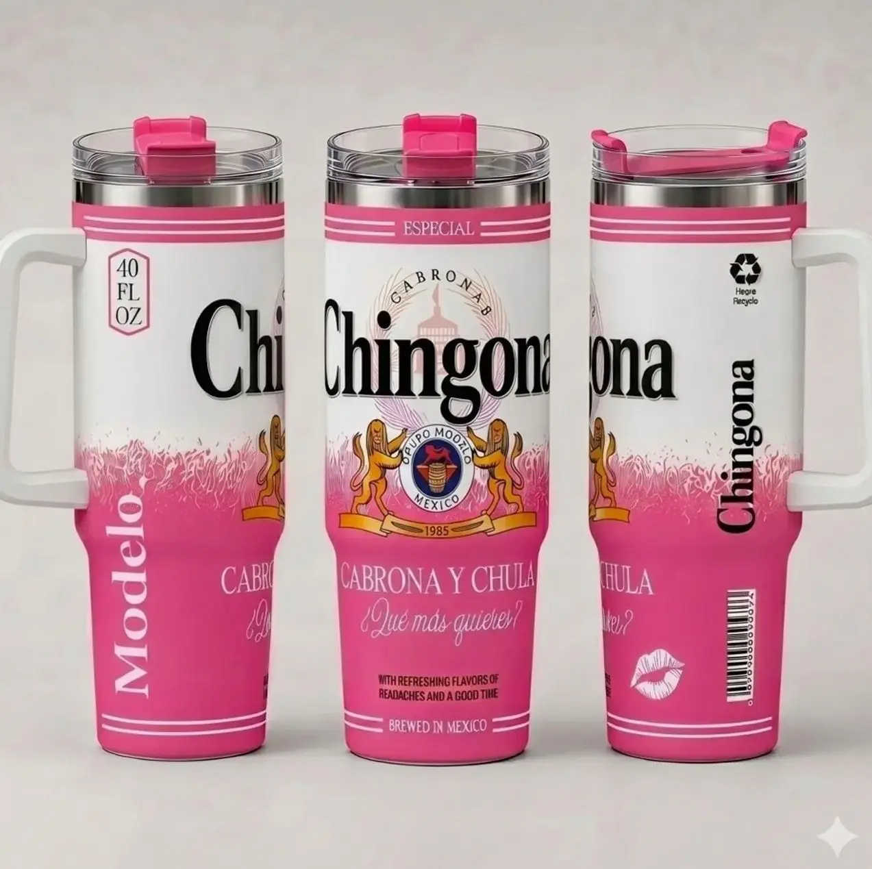 Pink Mexican Style 40oz Tumbler |   Chingona & Cabrona y Chula, Modelo Inspired - Vacuum Insulated Stainless Steel Cup with Lid, Perfect for Cold Drinks & Outdoor Fun