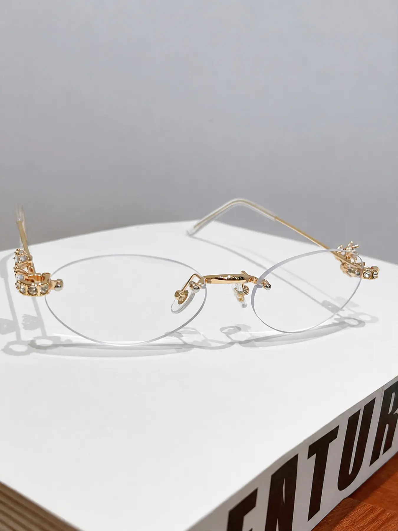Fashion Frameless Oval Rhinestone Plain Face Glasses, Unisex Decorative Eyewear, Elegant Metal Frame, All Seasons Accessory, Stylish Eyewear