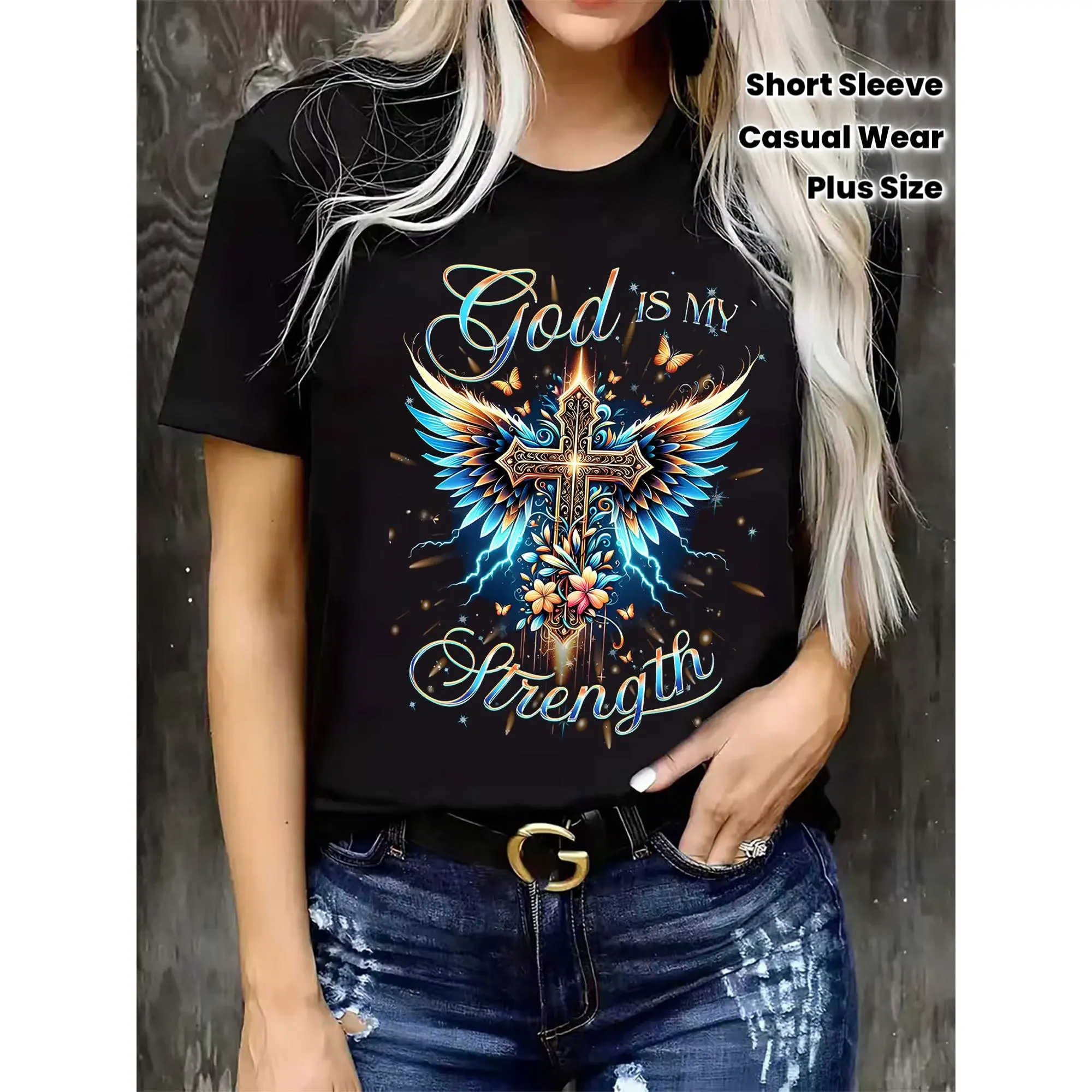 Women's Soft Christian Faith Shortleeve T-Shirt - Casual Round Neck Top with Cross & Wings Design, Psalm 28:7 "God Is My Strength" Bible Verse, Inspirational Religious Summer Apparel, Shortsleeve