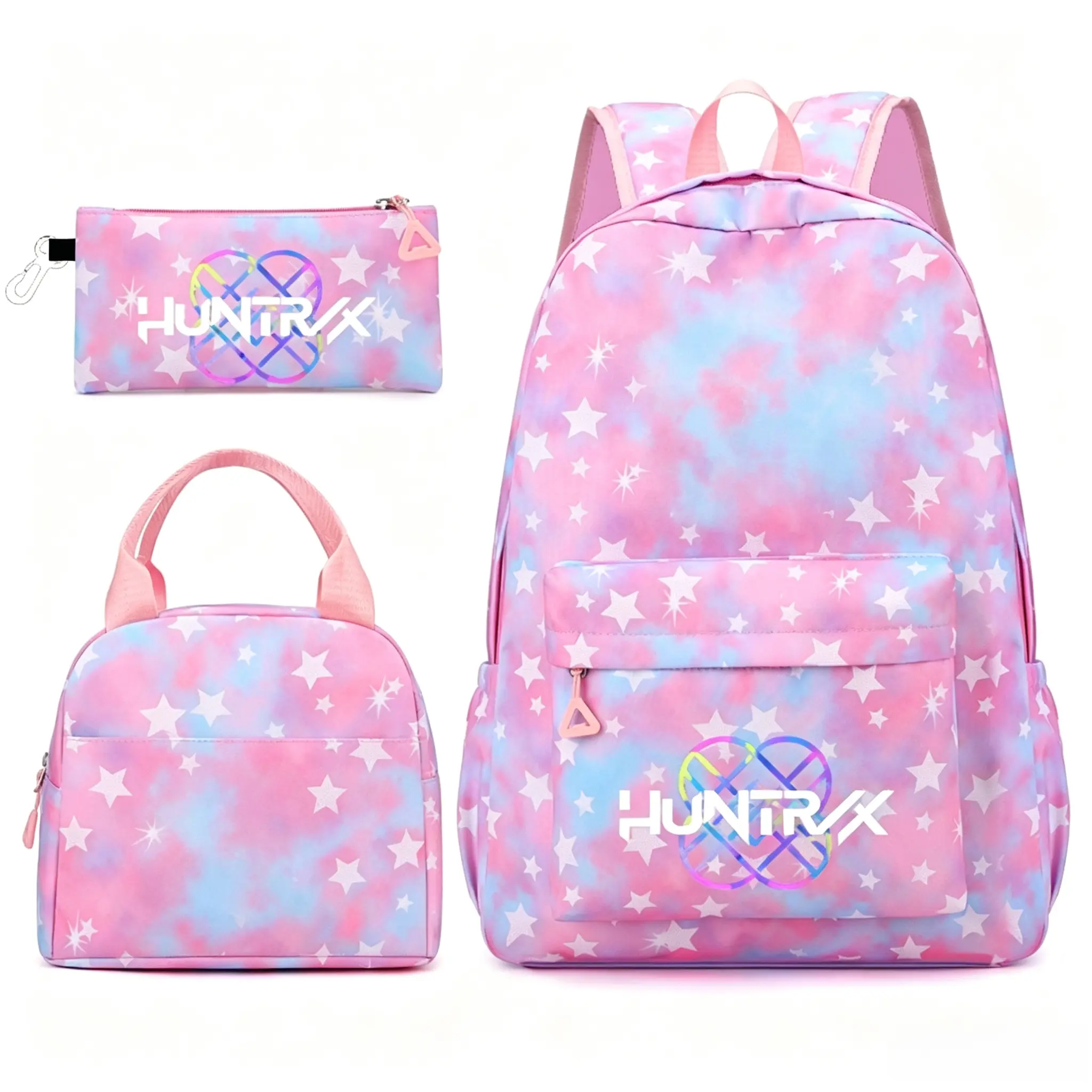 New girls’ group-print double-shoulder backpack set — collegiate-style school/travel backpacks, 3-piece set