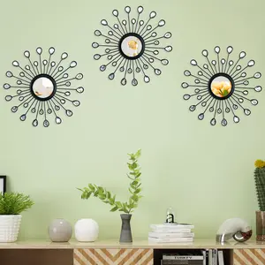 3 Pack Crystal Sunburst Wall Mirror Décor Rhinestone Mirrors Decorative Home Wall Art for Living Room Bedroom Entryway(Drop-Shape Black)