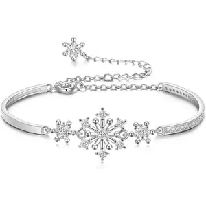 Snowflake Bracelets for Women, Sparkle Cubic Zirconia Snow Flake Flower Bangle Link Bracelet Christmas