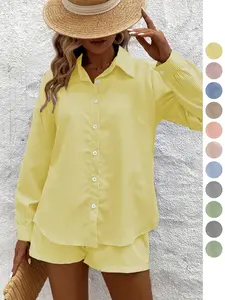 Women's Striped Two-Piece Set, Loose Shirt & Drawstring Shorts, Breathable Fabric for Morning Run/walk/casual Outing, Comfortable Fit, Long Sleeve