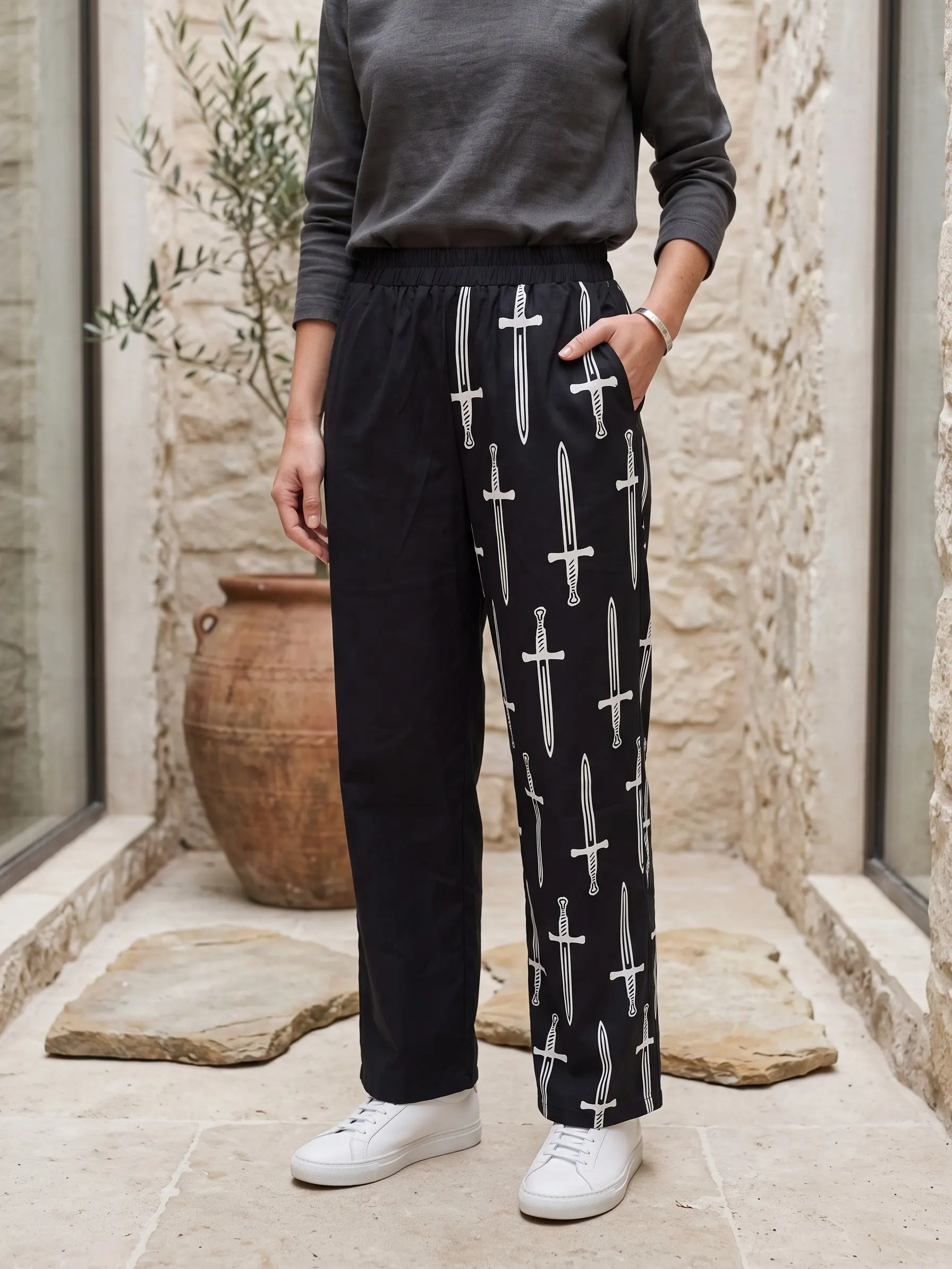 Women's Wide Leg Pants - 2-Tone Edgy Sword Print, Pockets, Asymmetrical, Dark Whimsigoth Aesthetic, Ren Faire Fantasy Outfit | Womenswear Bottoms