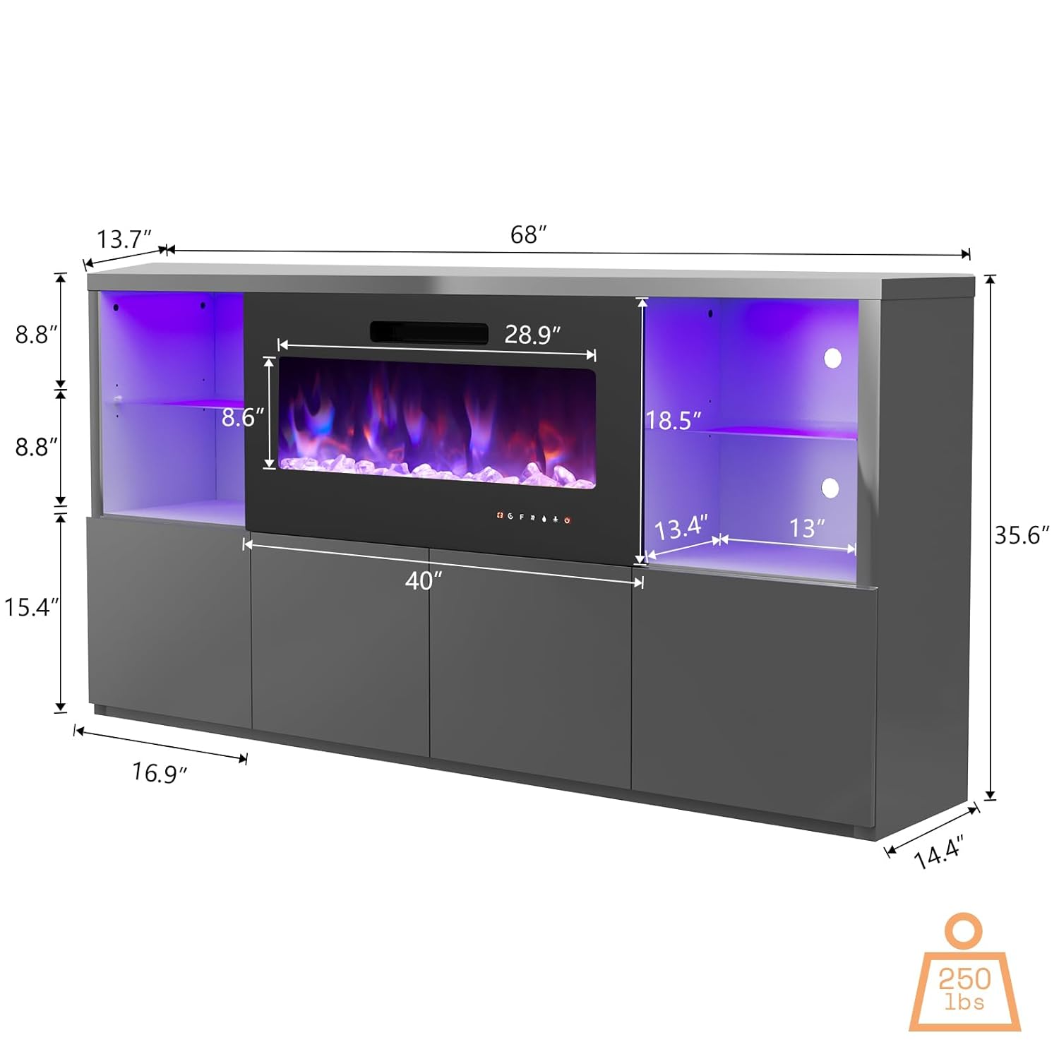 68" Modern High Gloss Fireplace TV Stand, Fireplace Entertainment Center with Fireplace & LED Lights for TVs up to 78",