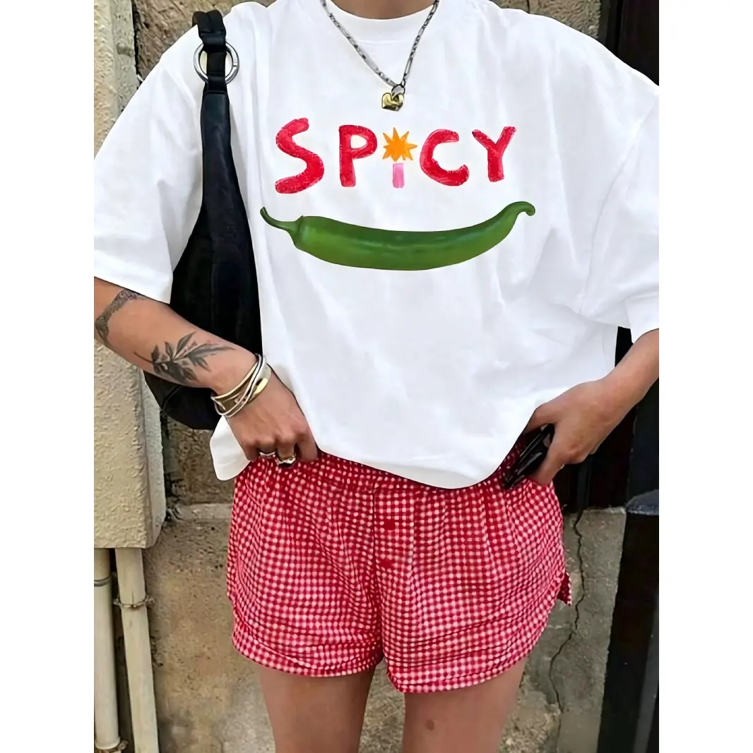 Lady's Spicy Chili Pepper Graphic Tshirt, Oversized Loose-Fit Round Neck Short-Sleeve Top, Shape-Hold Fabric Casual Summer Streetwear for Vacation Brunch