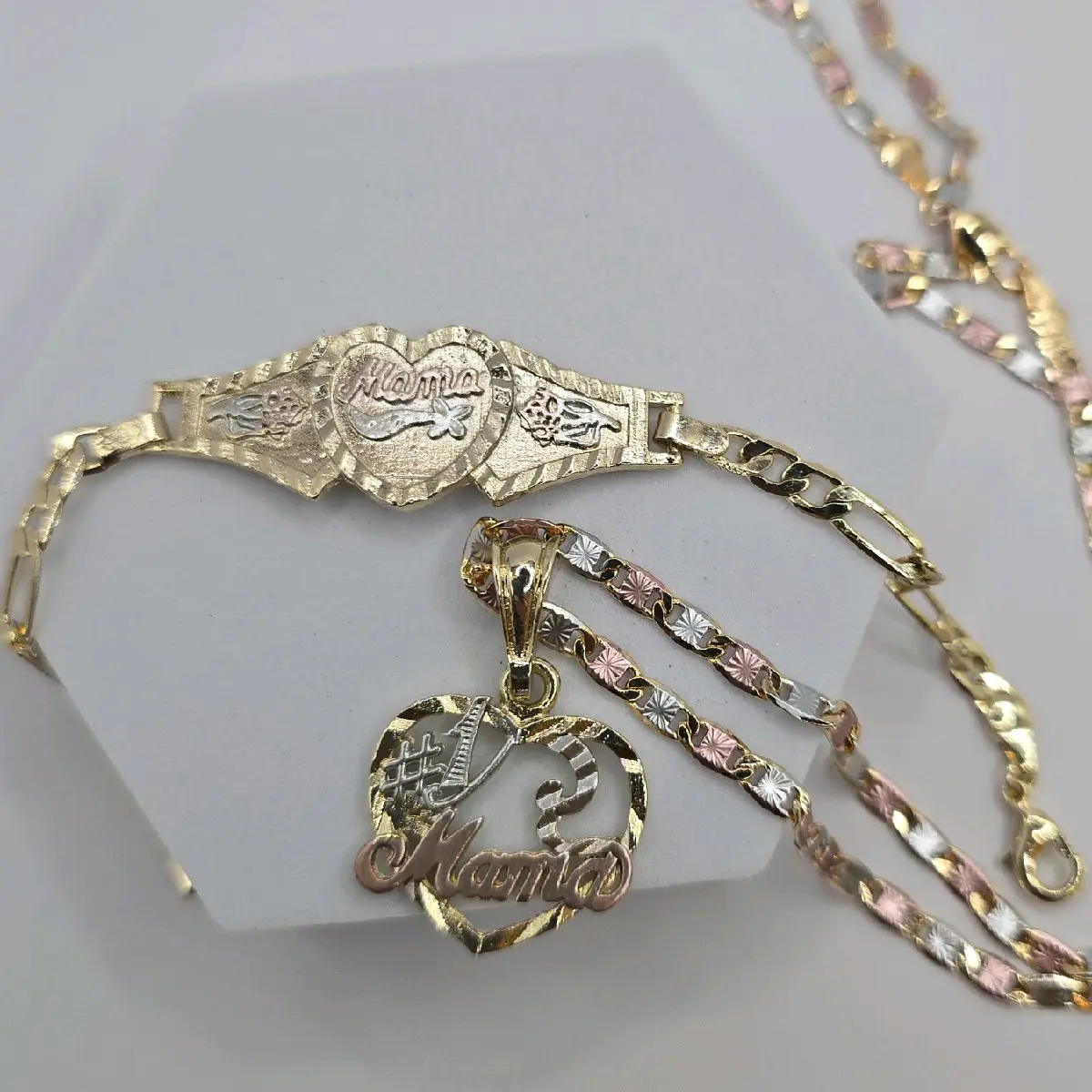 MOTHER'S GIFT SET mama #1 necklace mama bracelet heart and figaro style GOLD-PLATED 7"inches three colors