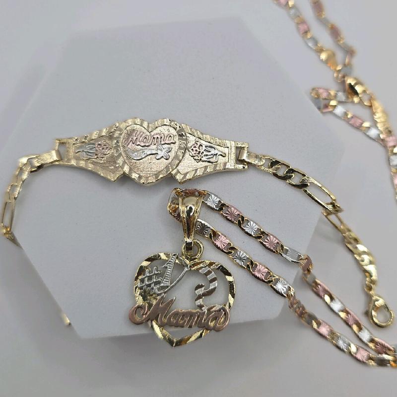 MOTHER'S GIFT SET mama #1 necklace mama bracelet heart and figaro style GOLD-PLATED 7"inches three colors