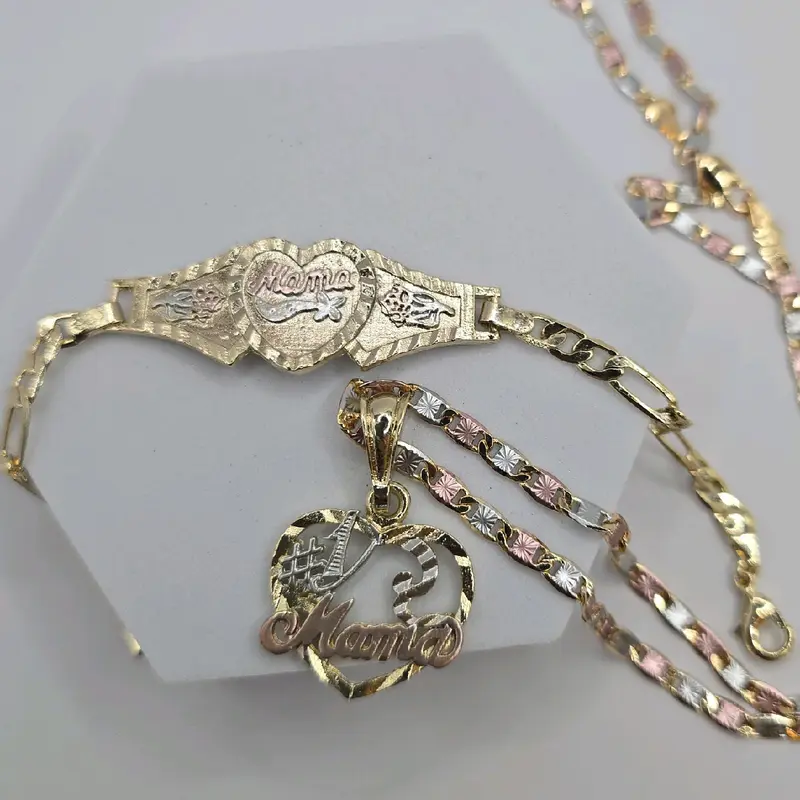 MOTHER'S GIFT SET mama #1 necklace mama bracelet heart and figaro style GOLD-PLATED 7"inches three colors
