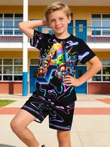 Kids Summer 2 Piece Set Black Background Neon Roblox Style Cartoon Character Print Short Sleeve T Shirt + Shorts Boys Gamer Style Breathable Comfortable School Daily Outfit Cool Personality Kids Clothing