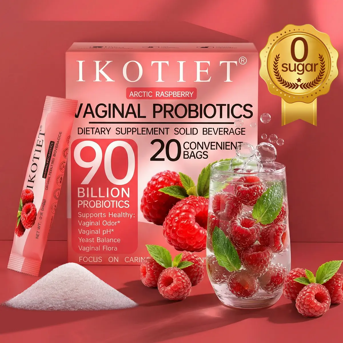 IKOTIET Women's Prebiotic-Probiotic Dietary Wellness Healthcare Powder Drink - Immune Support, pH Balance, Metabolism Support, Gluten-Free, Lactose-Free, Non-GMO, Arctic Raspberry Flavor, Lemon Lime Extract, 20-Pack (1 Box) + 1 Complimentary Sample
