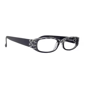 Elise, Bling Reading Glasses For Women W Full Top (B)Genuine European Crystals rectangular (Black) +1.25 ..+3, NY Fifth Avenue.