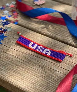 Handmade 4th of July USA Adjustable Bracelet Patriotic Red White & Blue Jewerly for Men & Women Independence Day Gift