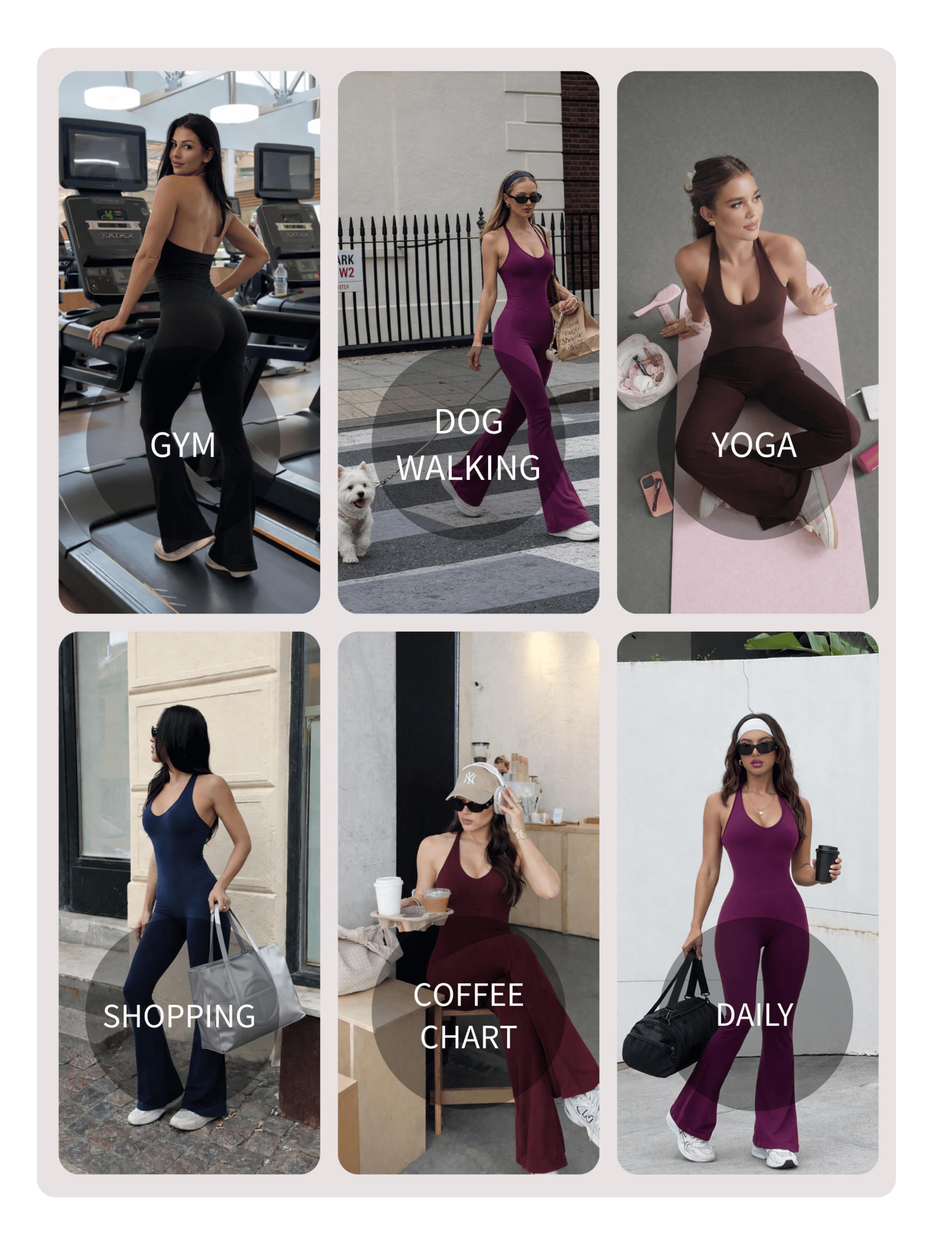 Coral Canton Backless Halter Top Sport Jumpsuit Bodycon Flared Legs