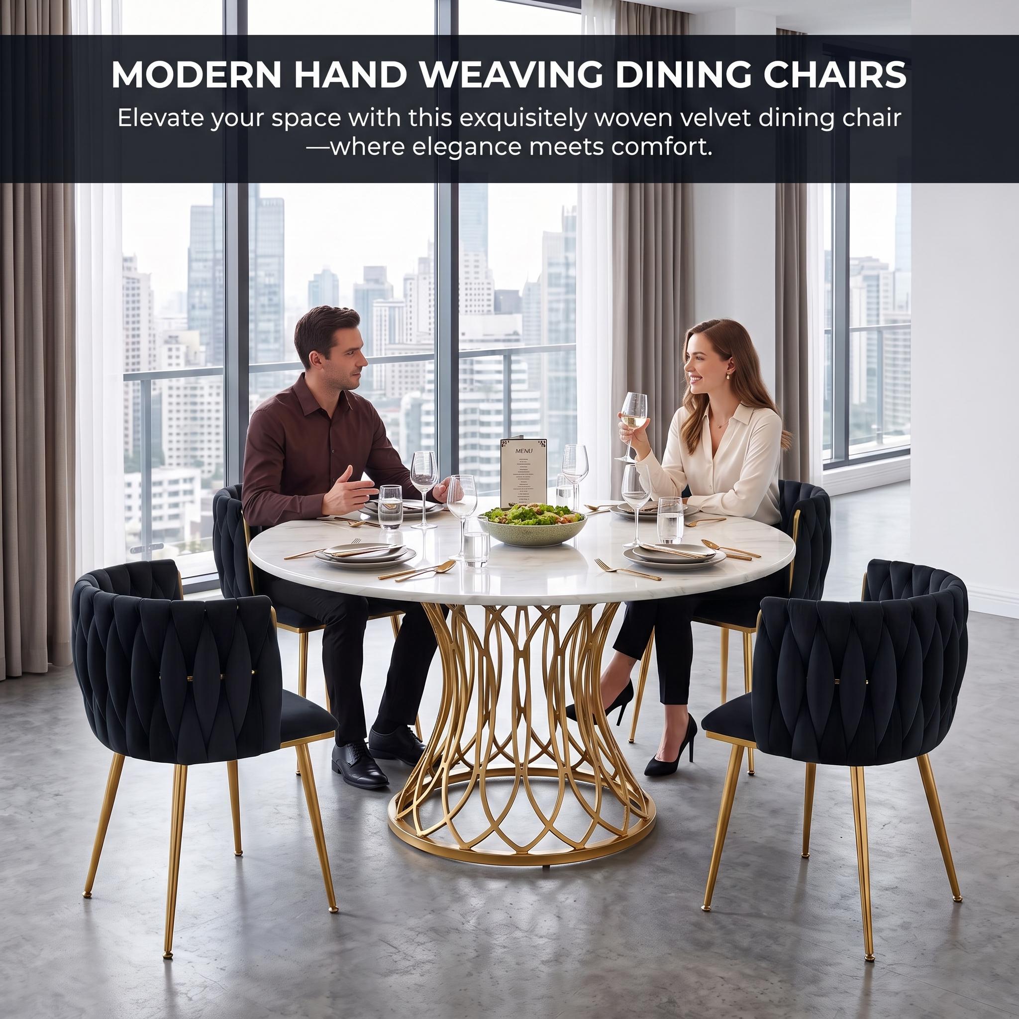 Eyisean 28" H Velvet Modern Dining Chairs Set of 2, Luxury Upholstered Side Chair with Curved Woven Backrest, Durable Accent Chair with Golden Metal Legs, Easy Assembly for Dining Room, Kitchen, Living Room Eyisean 28" H Velvet Modern Dining Chairs Set of 2, Luxury Upholstered Side Chair with Curved Woven Backrest, Durable Accent Chair with Golden Metal Legs, Easy Assembly for Dining Room, Kitchen, Living Room