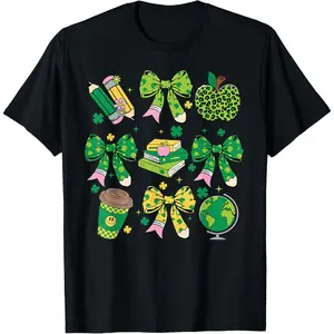 St Patrick's Day Lucky Teacher Shamrock Coquette Bow Pencil T-Shirt