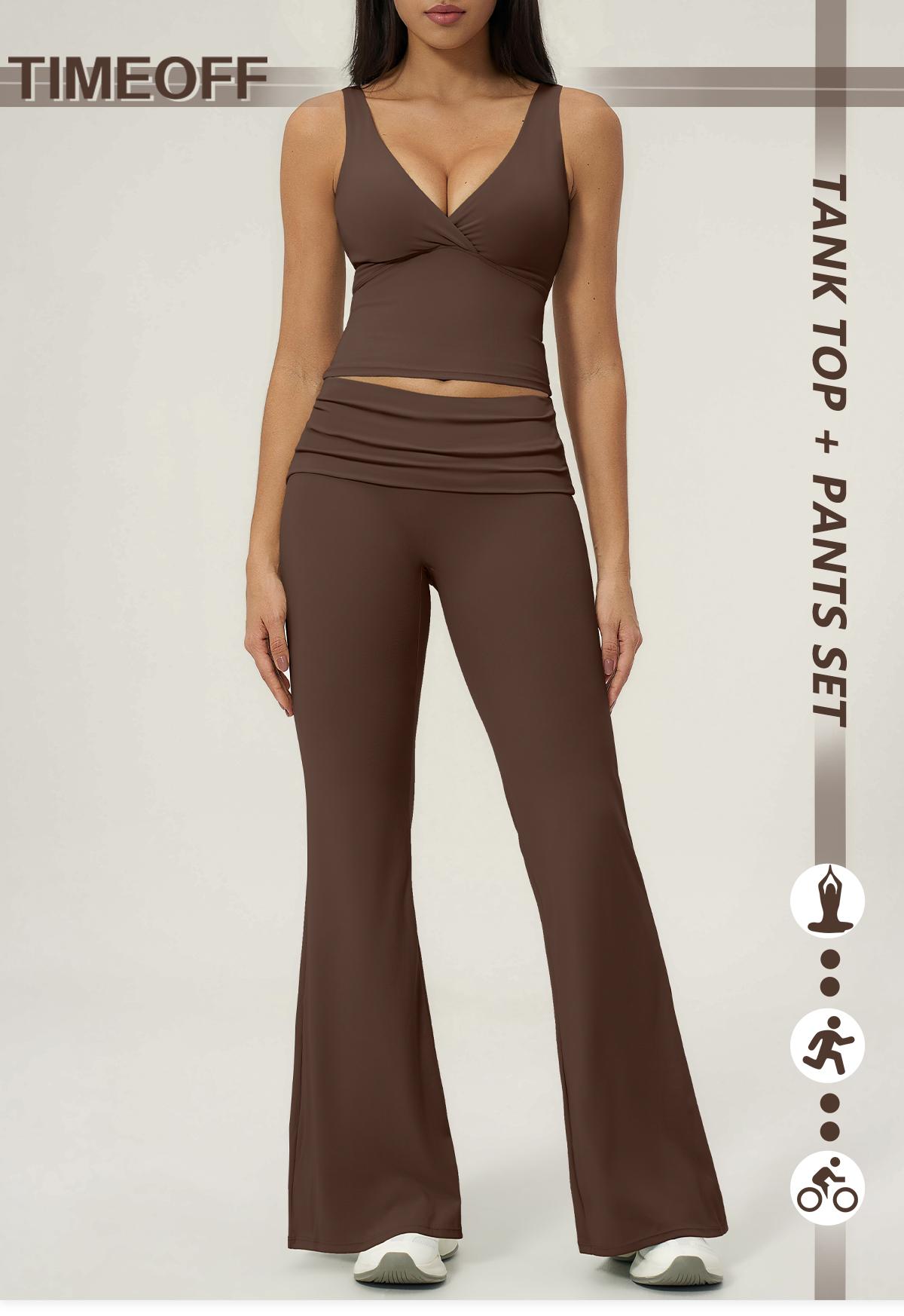 TIMEOFF Women's 2-Piece Yoga Outfits - V-Neck Sleeveless Wrap Crop Workout Top & Fold-Over Dual-Wear Waist Flare Pants, Soft 4-Way Flexible Stretch Fabric, Adjustable Fit Women's Clothes for Pilates, Gym, Set Active TIMEOFF Women's 2-Piece Yoga Outfits - V-Neck Sleeveless Wrap Crop Workout Top & Fold-Over Dual-Wear Waist Flare Pants, Soft 4-Way Flexible Stretch Fabric, Adjustable Fit Women's Clothes for Pilates, Gym, Set Active