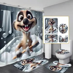 Little Mole 4Pcs Shower Curtain Set with Non-Slip Bath Mat & Toilet Cover U Shaped Mat 72x72 inch Eco-Friendly Polyester High-Resolution Prints for Bathroom Perfect Bathroom Decor