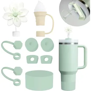 Stanley Cup Accessories Set Including 6 Pcs Silicone Spill Proof Stopper, 2 Pcs Straw Cover Cap for 9-10 Straws, 1 Pcs Silicone Boot for Stanley Cup 40oz & 30oz Tumbler (Matcha)