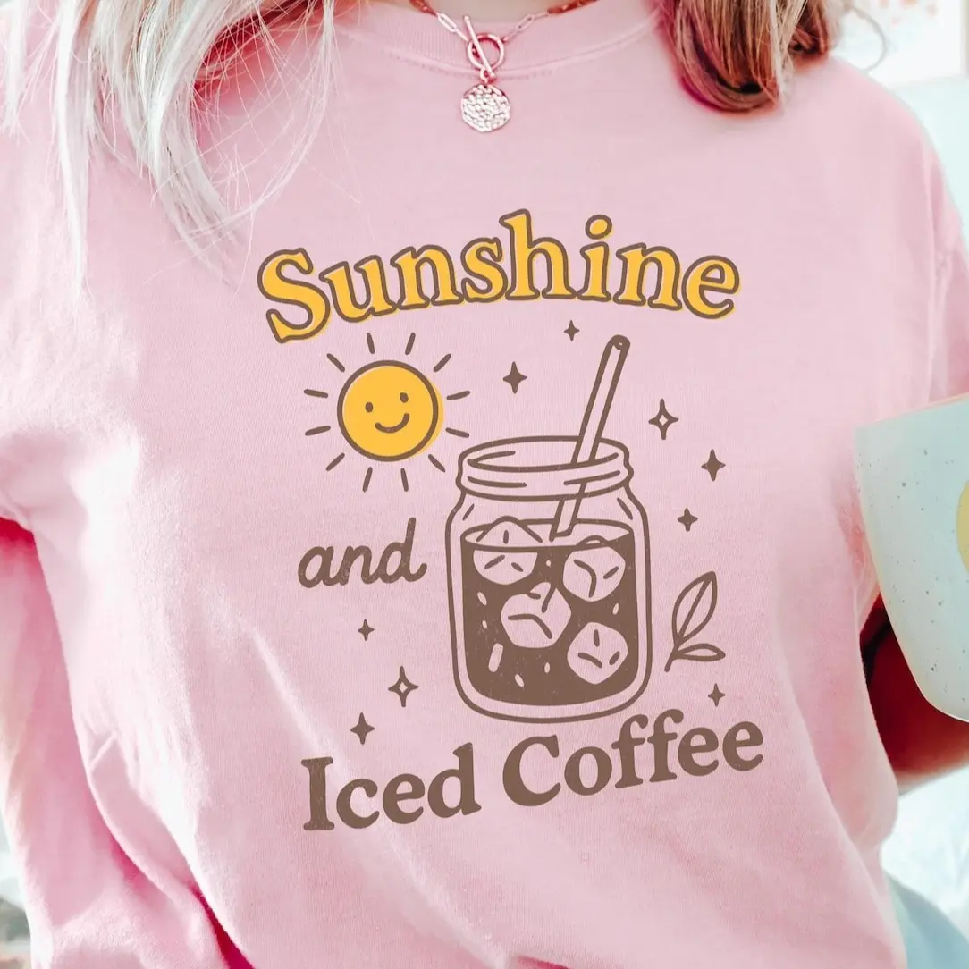 Iced Coffee And Sunshine T-shirt, Iced Coffee Shirt, Trendy Women Sweatshirt, Coffee Lover Gift, Summer Holiday Crewneck, Summer Vibes Tee