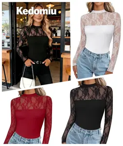 Kedomiu Long Sleeve Shirts for Women's Lace Tops Mesh Sheer Crew Neck Shirts Sexy Blouse