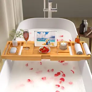 Bathtub Tray, Expandable and Foldable Bathtub Tray, Bamboo Bathtub Tray Bathtub Table, Bathtub Accessories with Bookshelf and Free Soap Dish