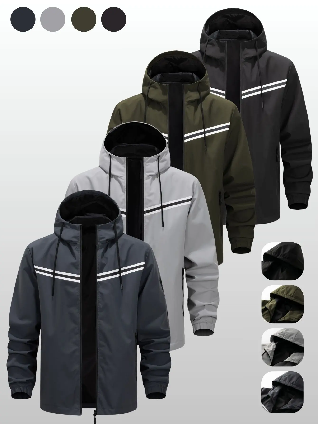 Men’s full-zip hooded jacket with two-way adjustable drawstring hood, double-line decorative design at the chest, side zip pockets, elastic cuffs, drop-shoulder loose fit, wear-resistant woven fabric—ideal for commuting and outdoor outerwear.