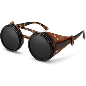 Adjustable Tint Steampunk Sunglasses - ND Filter, UV400 Polarized - Retro Round Shades, Leather Side Shields