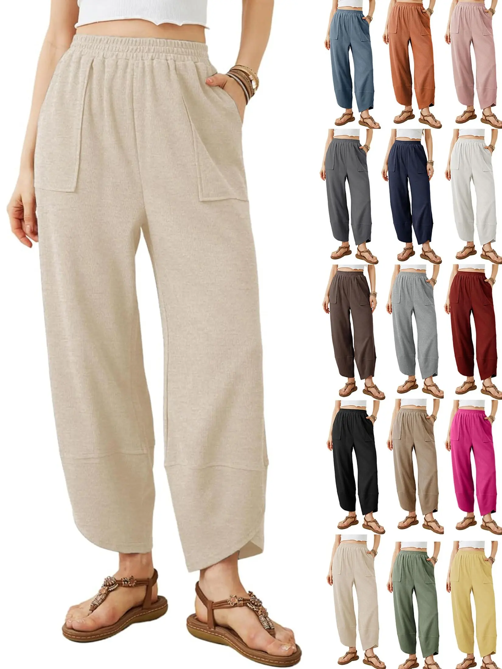 Bienmorn Women’s Baggy Wide-Leg Pants, Casual Elastic-Waist Palazzo/Harem Pants with Pockets