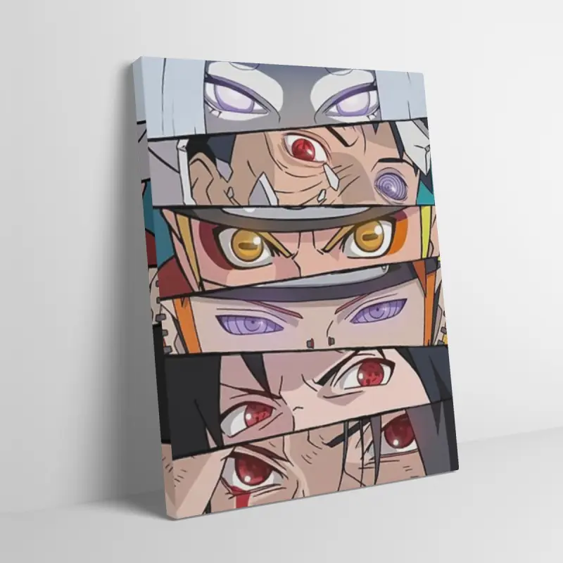 Wooden Framed Canvas Painting Print, Artistic Anime Ninja Eyes Collage Wall Art, Mid-century Modern Black Flash Style, Sharingan Rinnegan Byakugan, Adult Fans Bedroom Decor, Japanese Manga Character Eyes Artwork Ready to Hang
