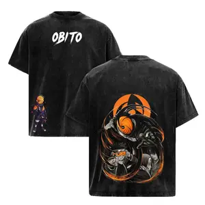 Naruto Shippuden Anime Tee, Obito Uchiha T-Shirt,Tobi Masked Shinobi Vintage Washed Oversized Graphic Tee, Akatsuki Sharingan Uchiha Clan Streetwear,Unisex Cotton Retro Manga Shirt for Otaku Fans