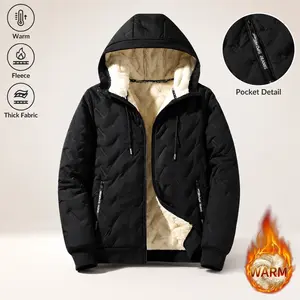Men’s Winter Thermal Fleece Hooded Jacket – Navy Blue Casual Zip-Up Jacket, Polyester Fiber Material, Machine Washable for Easy Care