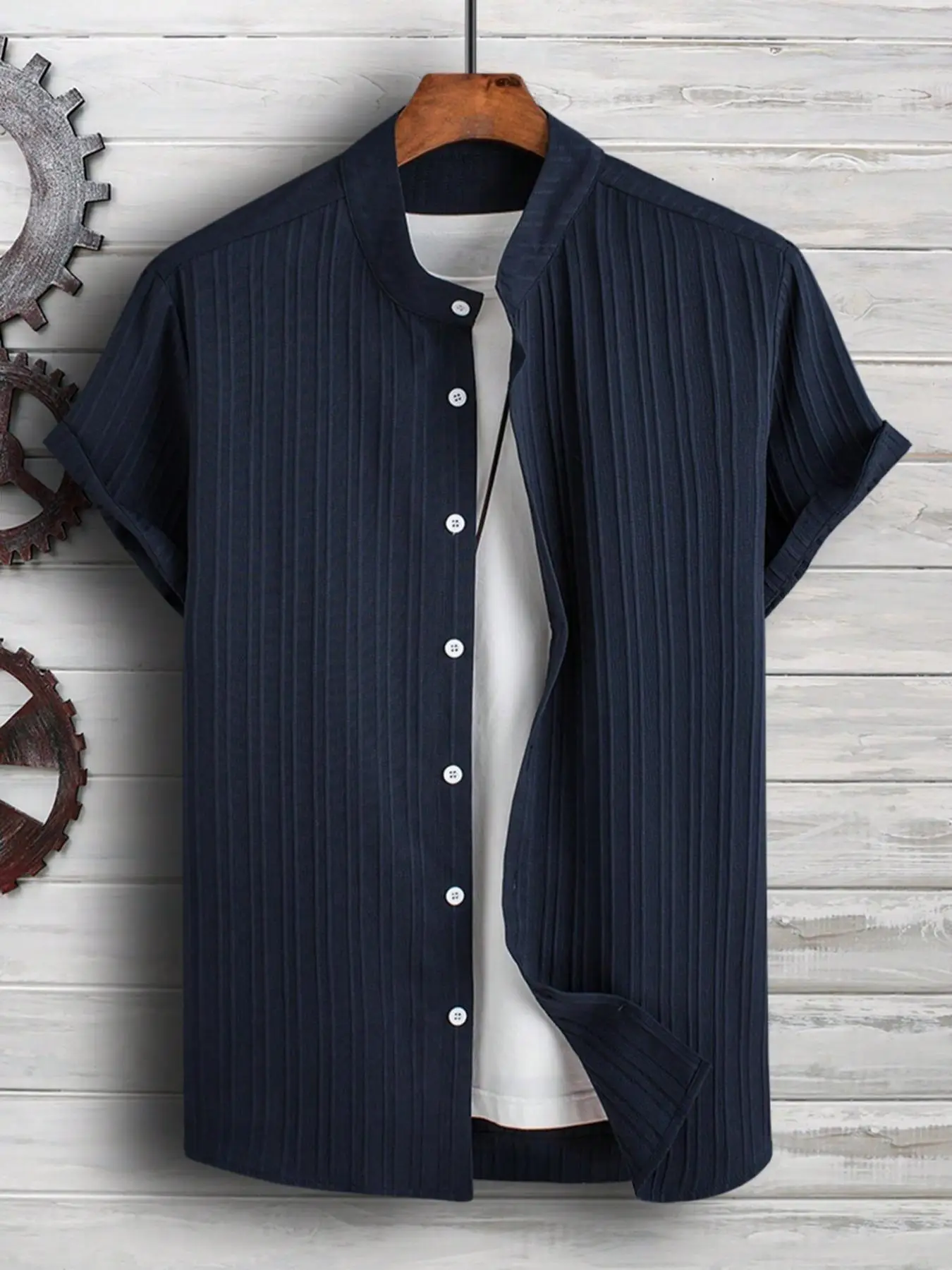 Men's Button Front Mock Neck Shirt, Summer Clothes, Regular Fit Summer Clothes Casual Plain Short Sleeve Top, Streetwear, Men's Clothes for Daily Wear