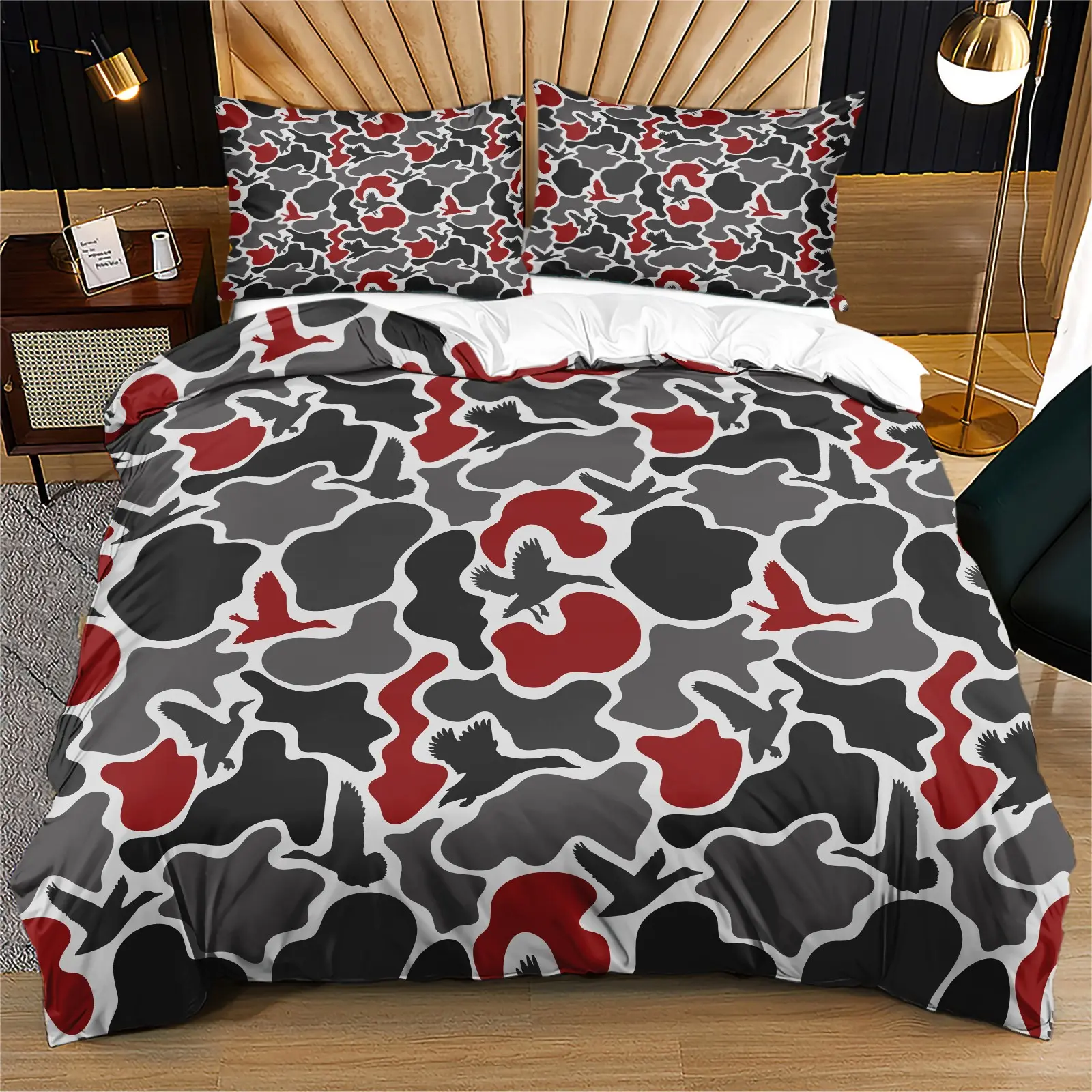 Camo Duck Hunting Theme Duvet Cover Set & 1-2 Pillowcases No Core, Black Gray & Red Color-Block Camouflage Integrated with Mallard Silhouette, Soft Skin-Friendly, Cool Dark Style Bedroom Bedding Set, Bedroom Decor, Gift Choice