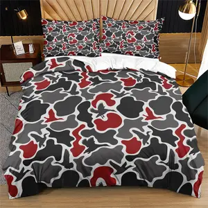 Camo Duck Hunting Theme Duvet Cover Set & 1-2 Pillowcases No Core, Black Gray & Red Color-Block Camouflage Integrated with Mallard Silhouette, Soft Skin-Friendly, Cool Dark Style Bedroom Bedding Set, Bedroom Decor, Gift Choice