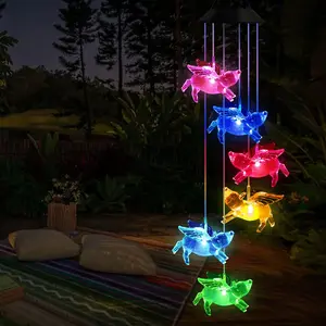 Solar Powered Pig Design Wind Chime Light, 6 LED Color Changing Light with 6 Pigs, Solar Garden Lights, Garden Lighting, Outdoor Decorative Light for Garden, Yard, Patio, Wedding, Birthday, Party, Pool