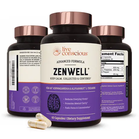 Live Conscious ZenWell - KSM-66 Ashwagandha Supplement with L-Theanine & AlphaWave - Everyday Stress Relief, Cognitive & Brain Health