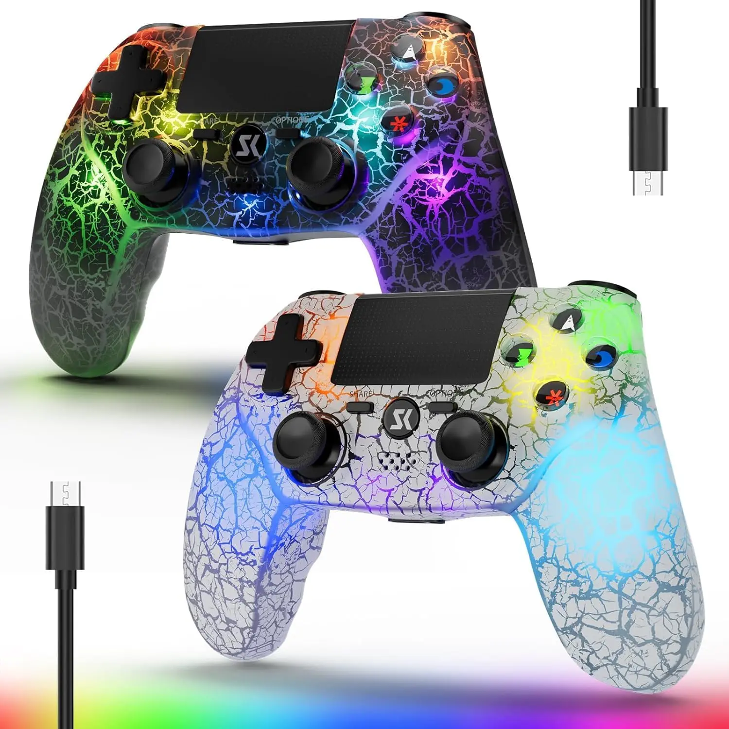 2 Pack ISHAKO Wireless Controller For PS4/PS3/Android/iOS/PC, With RGB Lighting, Six-axis gyroscope, motion sensing, Double Vibration, Capacitive touchpad, PS415 RGB Set