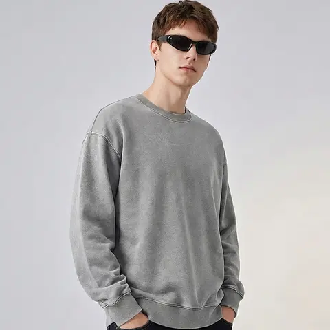 TELLFUN Men's Oversized Crewneck Sweatshirt - Unisex Cotton Acid Wash Vintage Long-Sleeve Fashion Casual Sweatshirt, Preppy Streetwear Menswear Casual Top, Crewneck Oversized Men's Sweatshirts