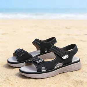 Women’s open-toe outdoor beach vacation sandals, adjustable, comfortable, thick-soled platform in black—versatile, non-slip, lightweight beach shoes for summer.