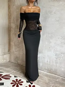 One Shoulder Lace Patchwork Slit Long Dress, Elegant Evening Gown, Stylish Party Wear, Women's Fashionable Clothing