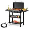 Black Outdoor Rolling Cast Iron Flat Top Propane Barbecue Grill - 3-Burner Stainless Steel BBQ Griddle Station, 23.2x14.2in Cook Surface, 3 Heat Zones, Side Shelves, Ceramic Rack, Drip Hole Effortless Cleaning, 45.9x17.7x33.5in for Patio, Backyard Camping